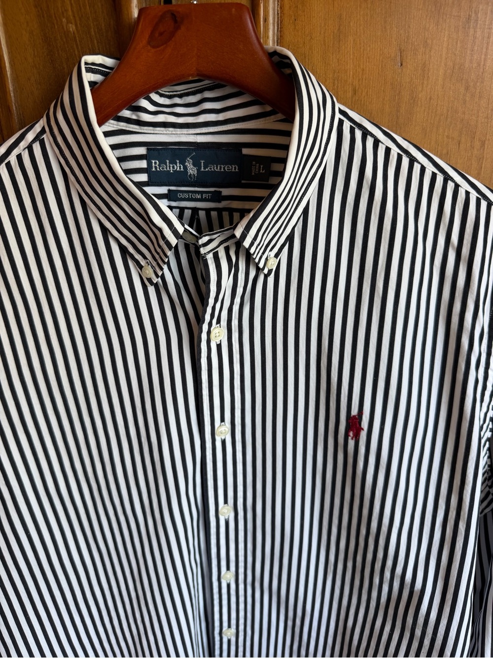 Ralph Lauren Black & White Striped Button-Down Shirt with Red Pony